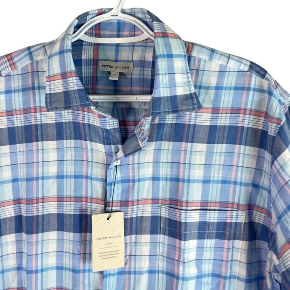 Peter Millar Crown‎ Casa Marina Button Up Shirt Mens M Blue Plaid Short Sleeve